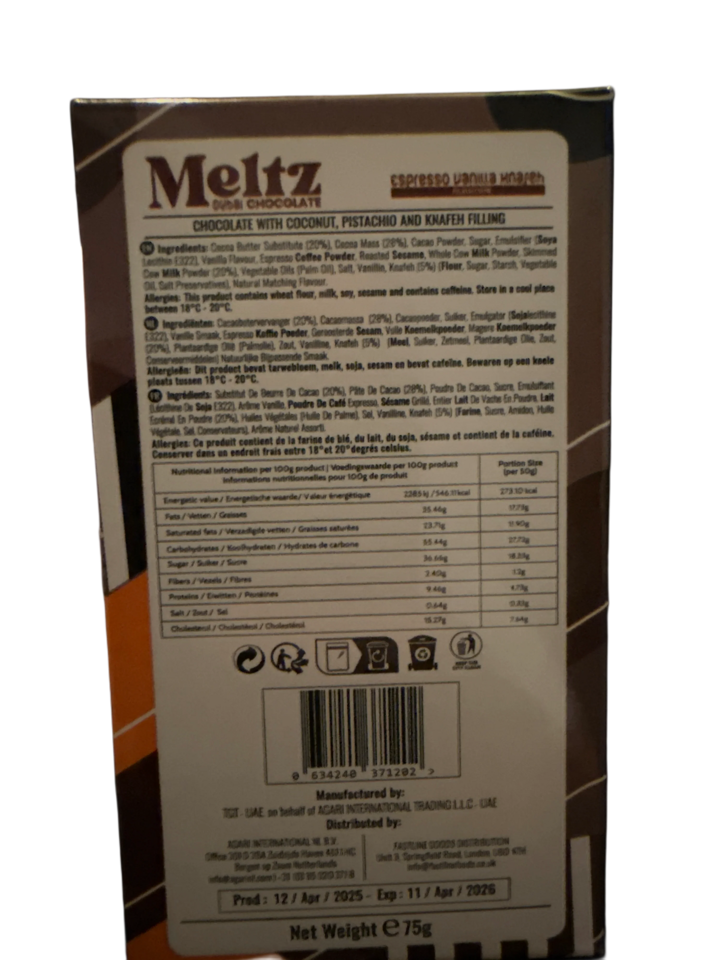 Meltz Dubai Chocolate Espresso Vanilla Knafeh Flavour 75G - Dubai Edition