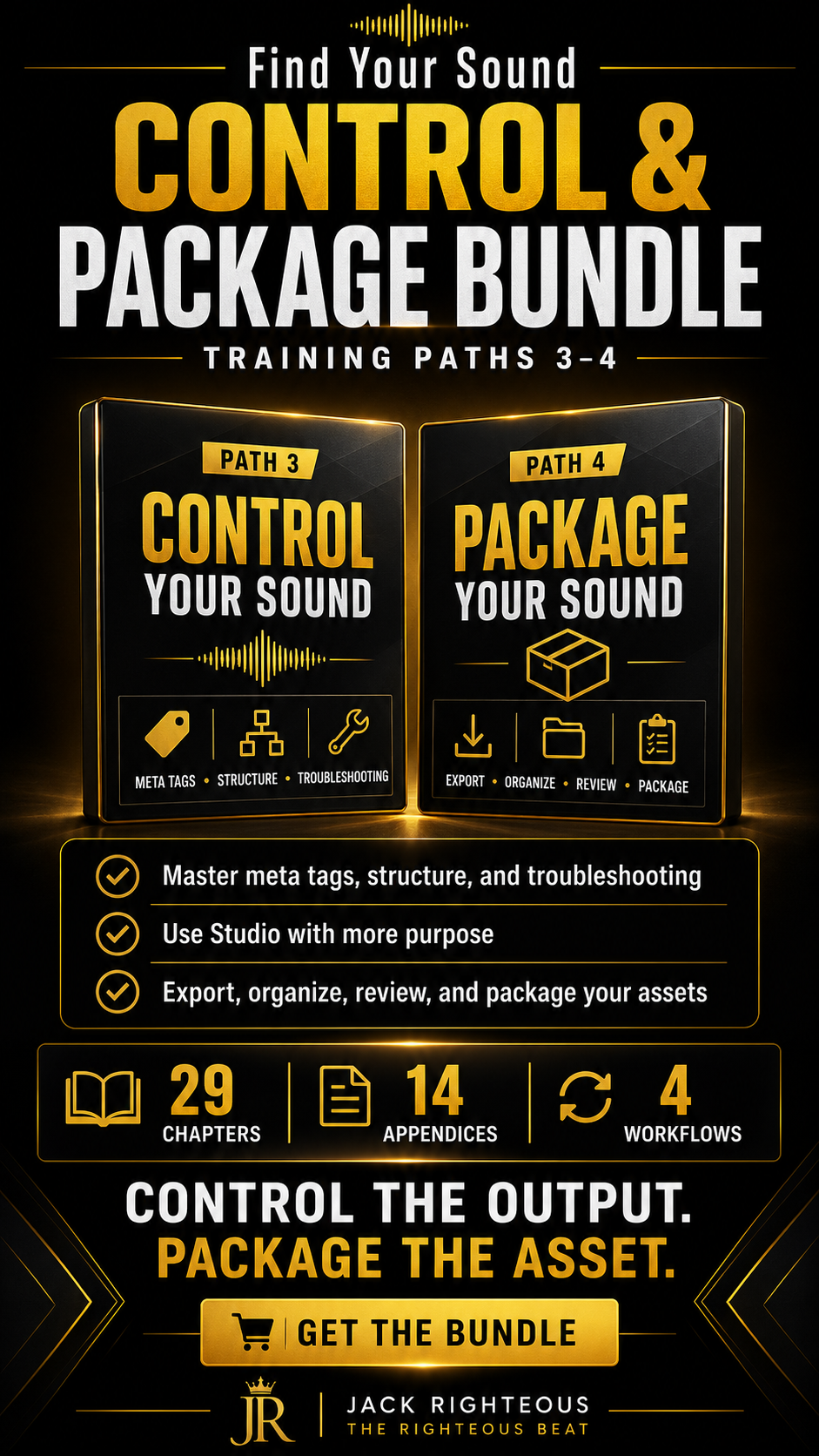 Promotional graphic for a 'Control & Package Bundle' training path with text and icons on a dark background.