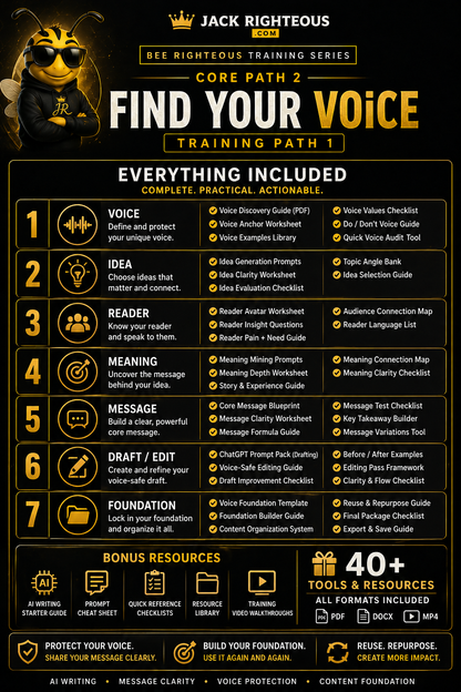 Promotional graphic for 'Find Your Voice' training series by Jack Righteous, featuring icons and text on a dark background.