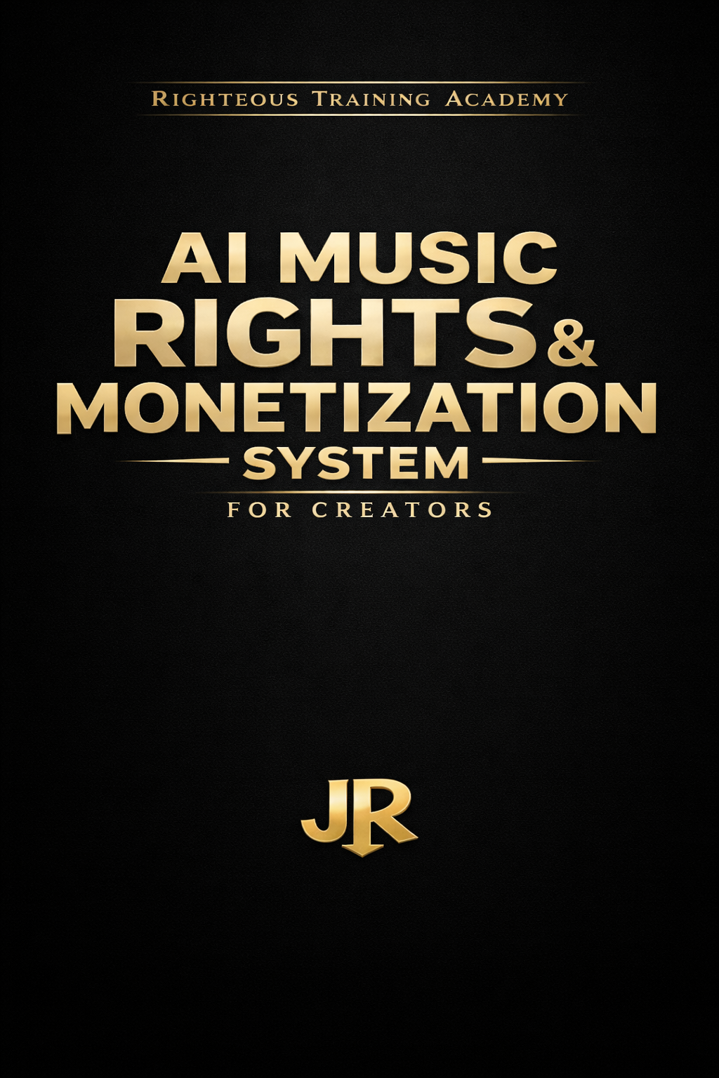Book cover of 'AI Music Rights & Monetization System for Creators' by Righteous Training Academy with gold text on a black background.