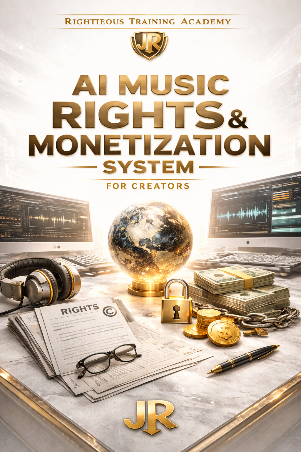 Promotional image for AI Music Rights & Monetization System with financial instruments, headphones, and a globe.