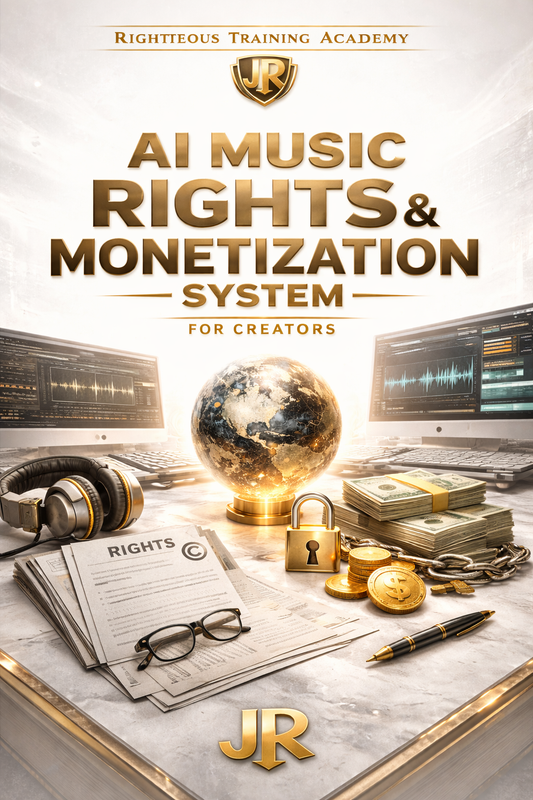 Promotional image for AI Music Rights & Monetization System with financial instruments, headphones, and a globe.