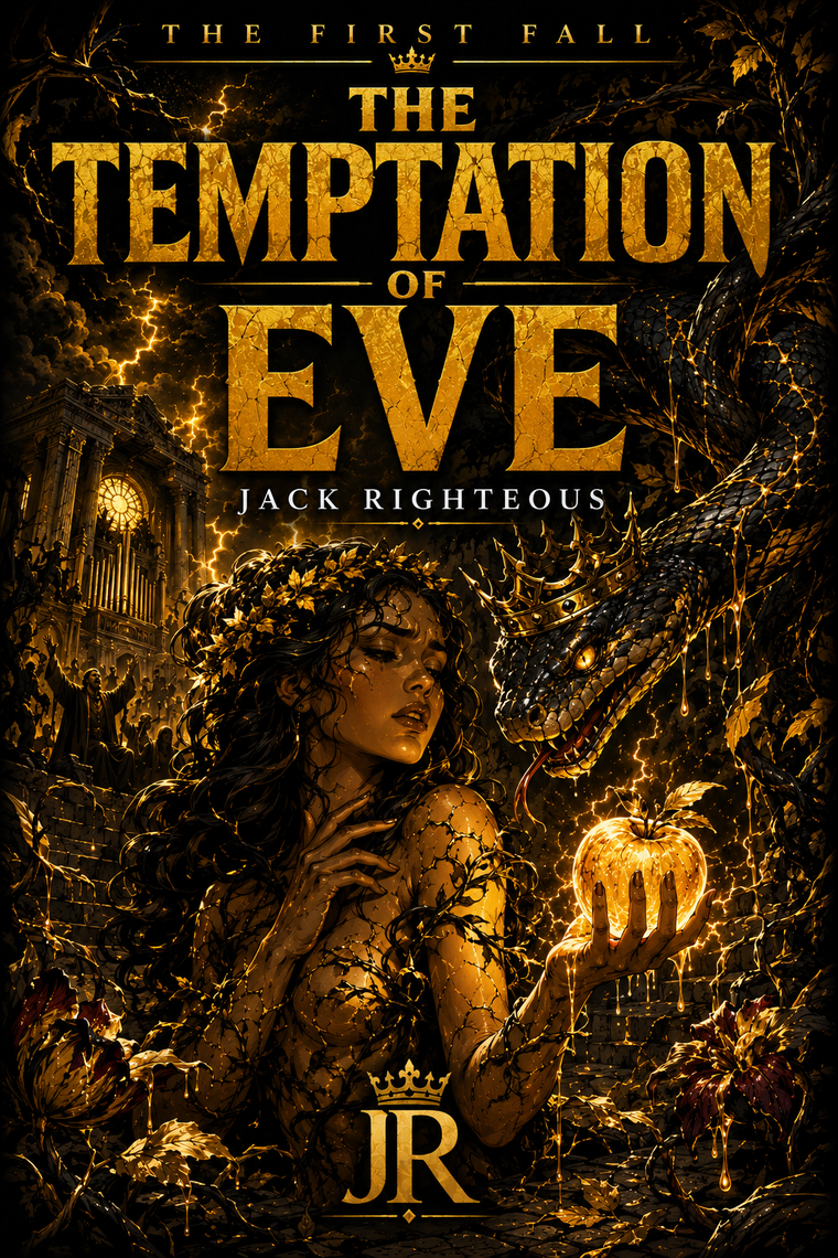 Book cover for 'The Temptation of Eve' by Jack Righteous, featuring a dark fantasy illustration with a woman surrounded by glowing golden vines and an apple, with the title in large gold lettering at the top.