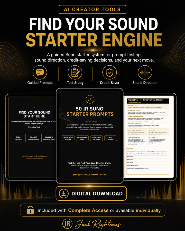 Promotional graphic for 'Find Your Sound Starter Engine' AI creator tools with text and interface elements.
