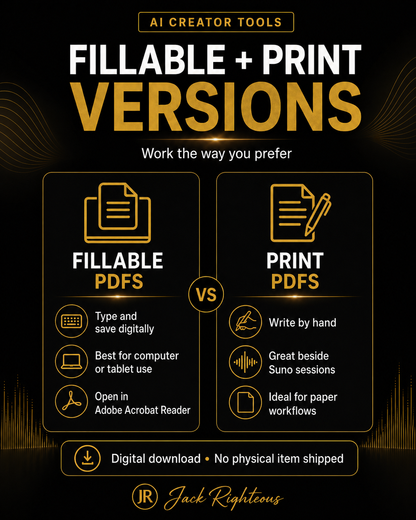 Comparison chart between fillable and print PDF versions on a dark background with gold accents.