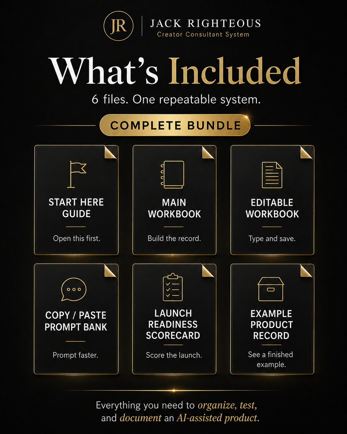 Promotional graphic for Jack Righteous' Creator Consultant System, showcasing components of a complete bundle.