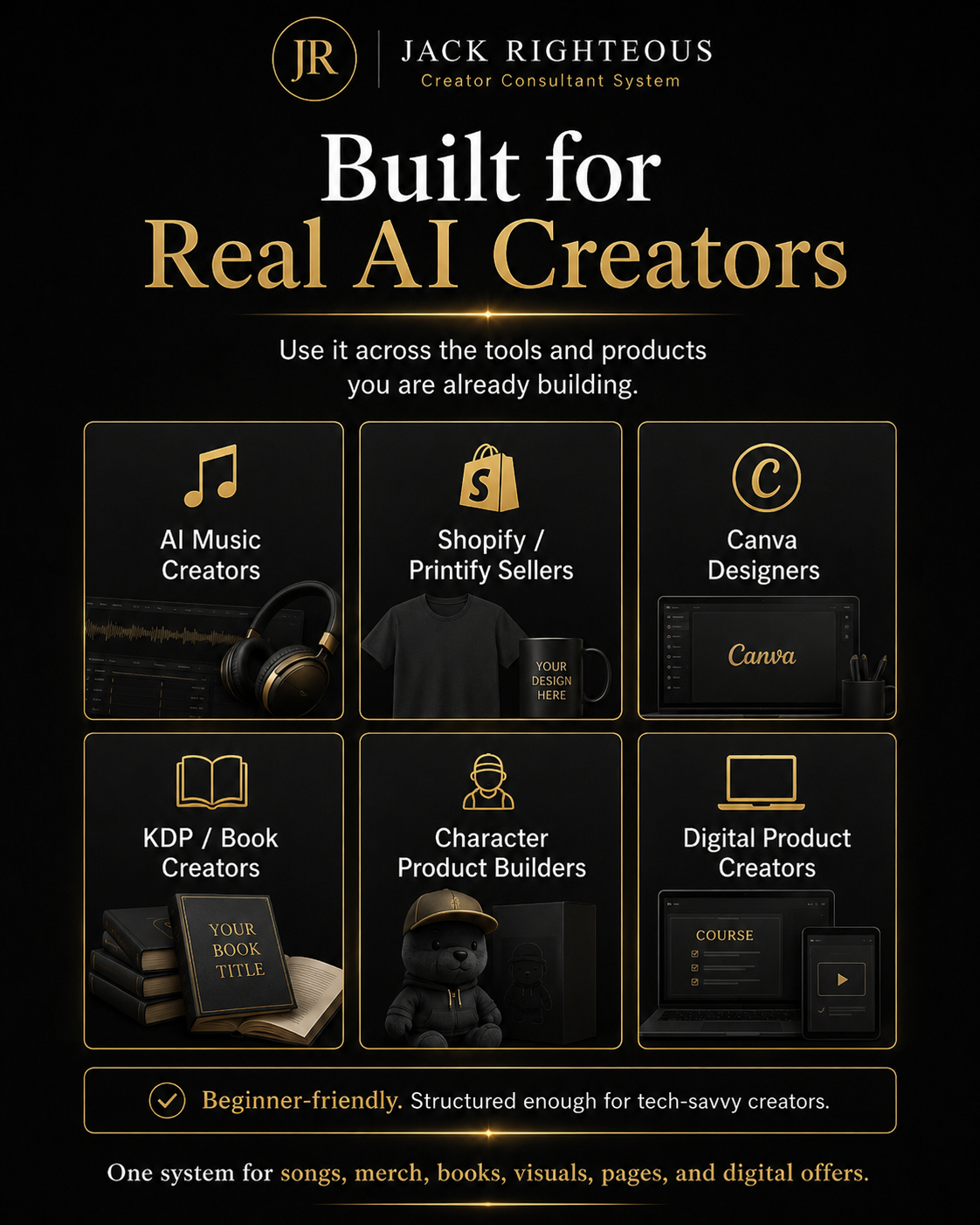 Promotional graphic for Jack Righteous Creator Consultant System, highlighting tools for AI creators.