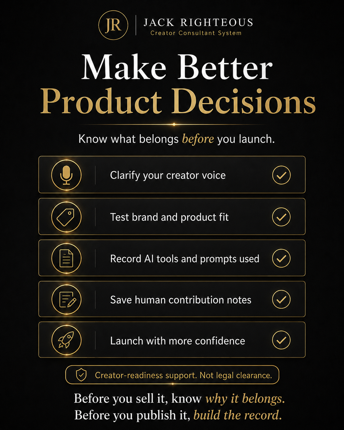 Promotional graphic for Jack Righteous Creator Consultant System with steps to make better product decisions.