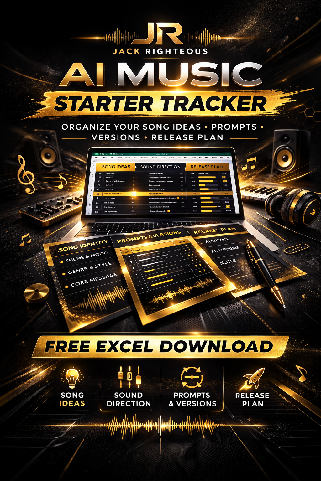 Promotional graphic for AI Music Starter Tracker with laptop, music notes, and equipment on a dark background.