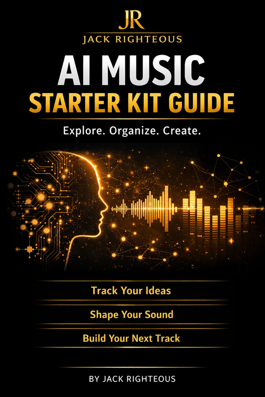 Book cover of 'AI Music Starter Kit Guide' by Jack Righteous with a silhouette of a person and sound wave on a black background.