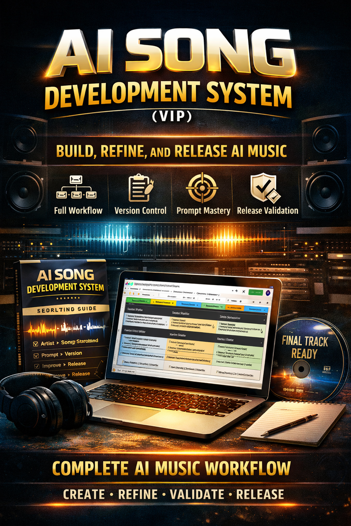 AI Song Development System VIP product showing workflow, prompt system, and AI music creation process tool