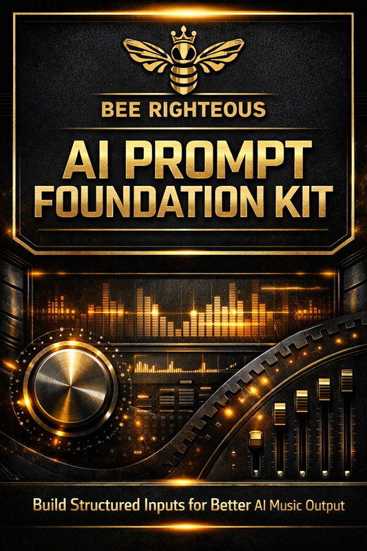 Bee Righteous AI Prompt Foundation Kit cover with gold and black design for structured AI music prompt creation

