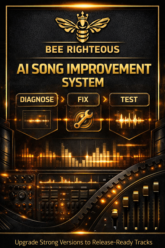 Promotional graphic for Bee Righteous AI Song Improvement System with diagnostic and testing elements.