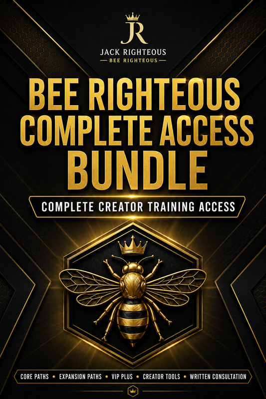 Cover of 'Bee Righteous Complete Access Bundle' with a gold bee design on a black background.