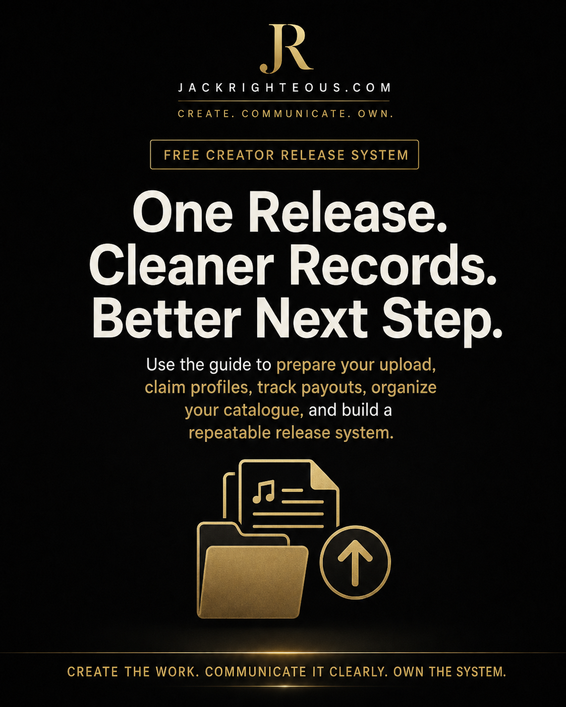 Promotional graphic for a free creator release system with text and icons on a black background.