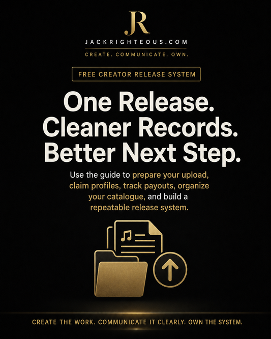 Promotional graphic for a free creator release system with text and icons on a black background.