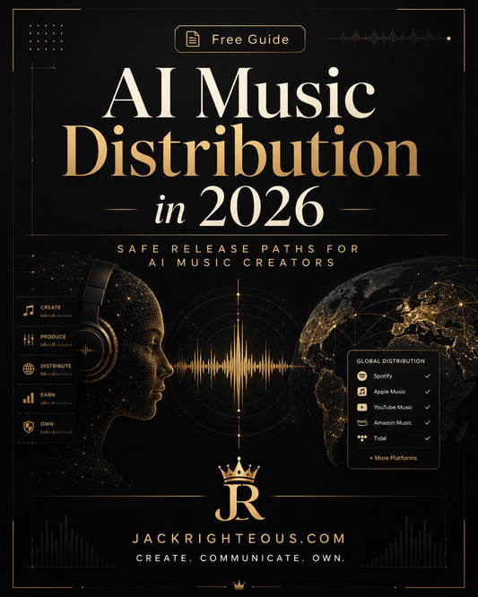 Promotional graphic for 'AI Music Distribution in 2026' with a silhouette of a person wearing headphones, a globe, and sound wave.