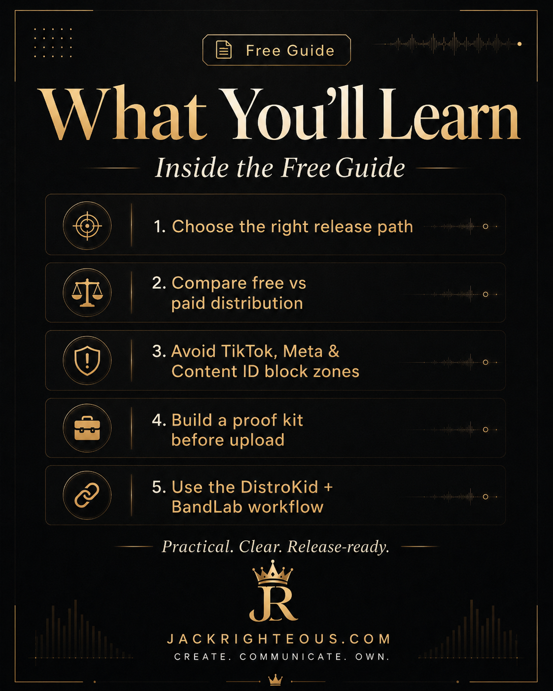 Promotional graphic for a free guide with tips on music distribution, featuring a black background and gold text.