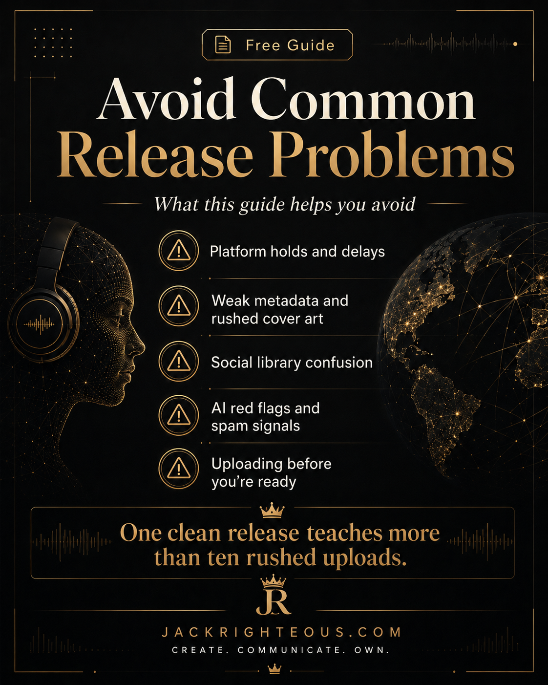 Promotional graphic for a guide on avoiding common release problems with a silhouette of a person wearing headphones and a world map.
