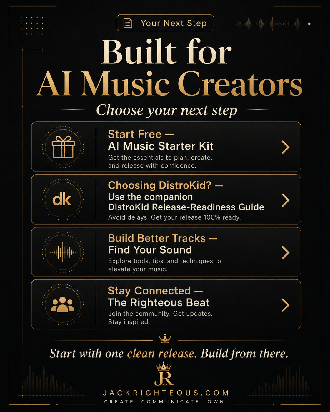 Promotional graphic for AI music creators with options and branding.
