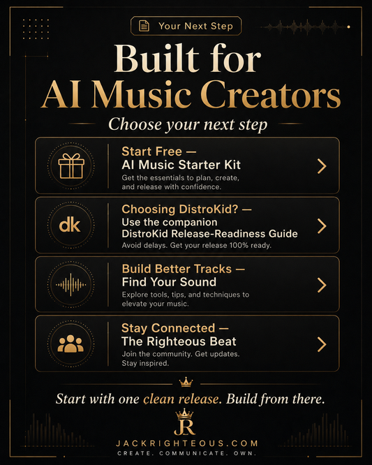 Promotional graphic for AI music creators with options and branding.