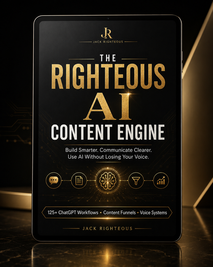 Book titled 'The Righteous AI Content Engine' by Jack Righeous on a dark background