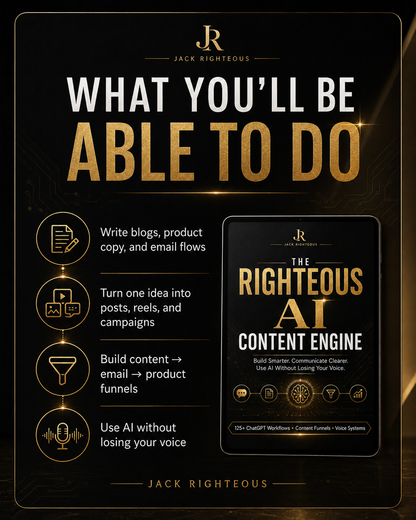 Promotional graphic for 'The Righteous AI Content Engine' by Jack Righeous with text and icons on a dark background.