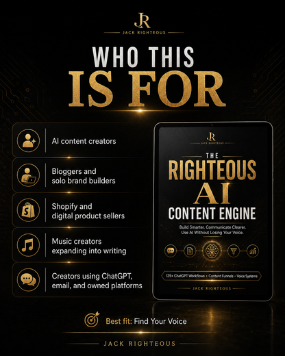 Promotional graphic for 'The Righteous AI Content Engine' by Jack Righteous, highlighting target audiences and product features.