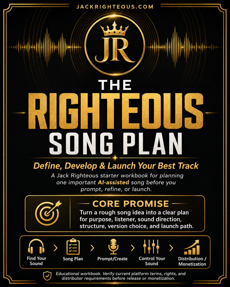Promotional graphic for 'The Righteous Song Plan' with branding and text on a black background.