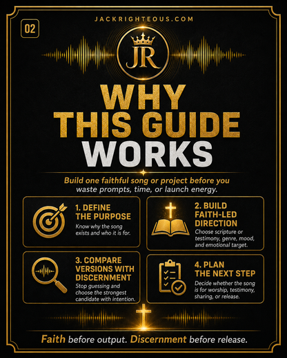 Guide titled 'Why This Guide Works' with steps for creating a faithful song or project, featuring a logo and website text.
