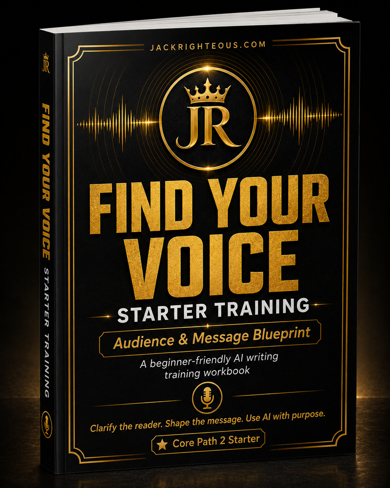 Book titled 'Find Your Voice Starter Training' with gold text on a black background