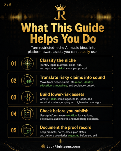 Promotional graphic for a guide on using AI music ideas, with a black background and gold text.