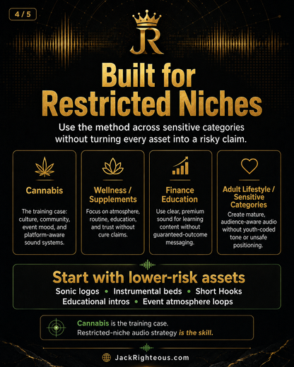 Promotional graphic for 'Built for Restricted Niches' by Jack Righteous, with branding and text on a dark background.