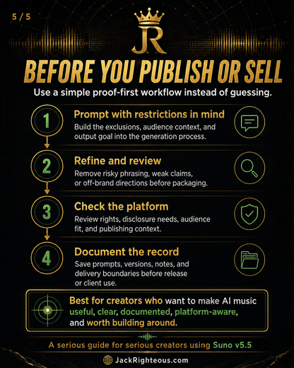 Workflow guide for creators using Suno v5.5 on a black background with gold accents.