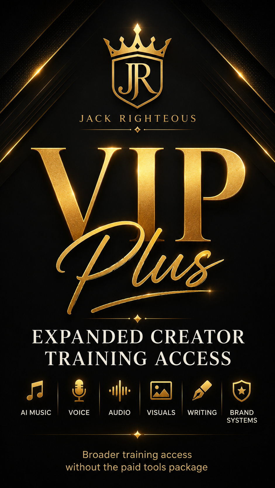 VIP Plus promotional graphic with Jack Righteous logo and text on a dark background