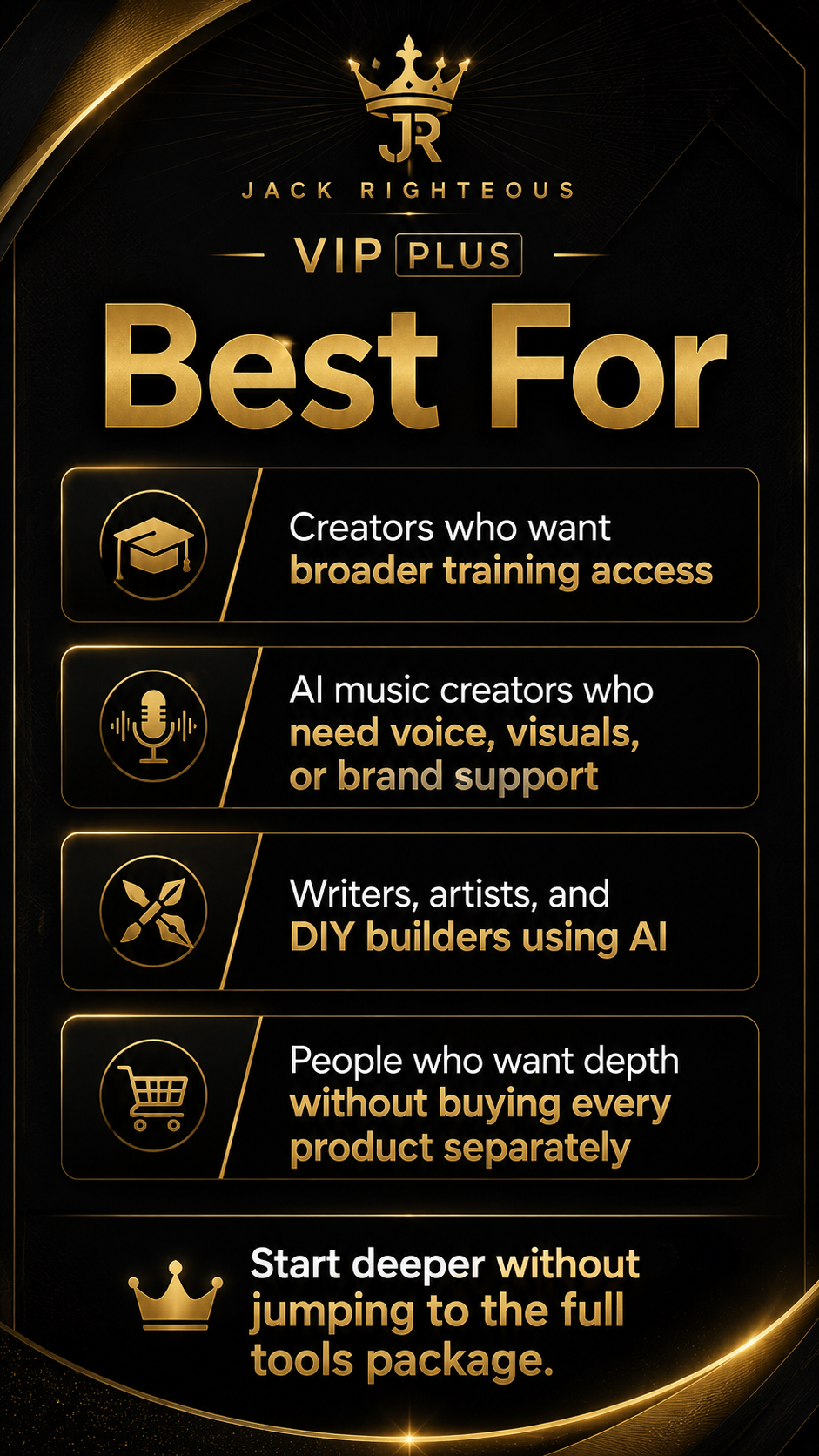 Promotional text for Jack Righteous VIP Plus program on a black background with gold accents.