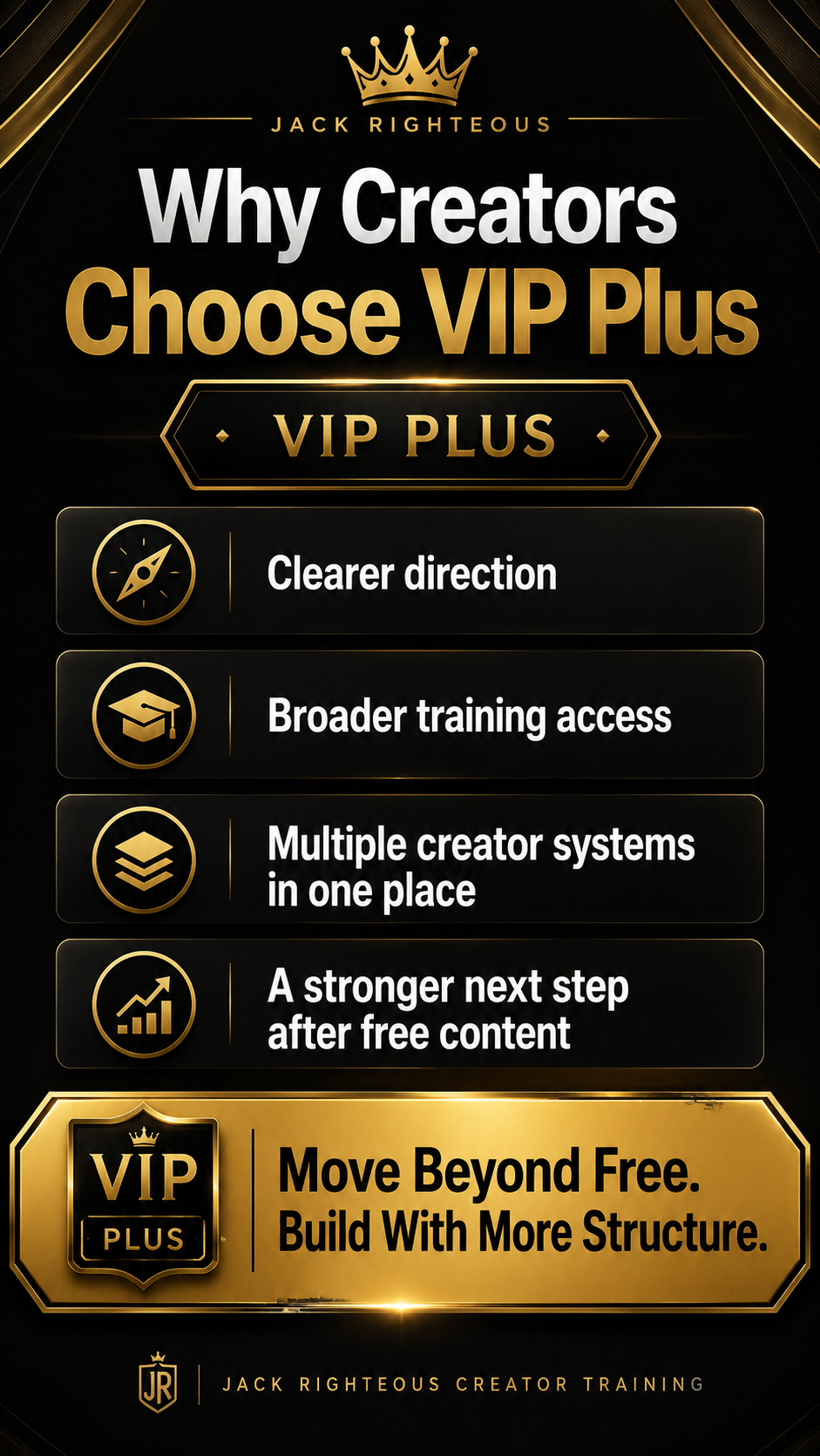Promotional graphic for VIP Plus service with benefits listed on a black background.