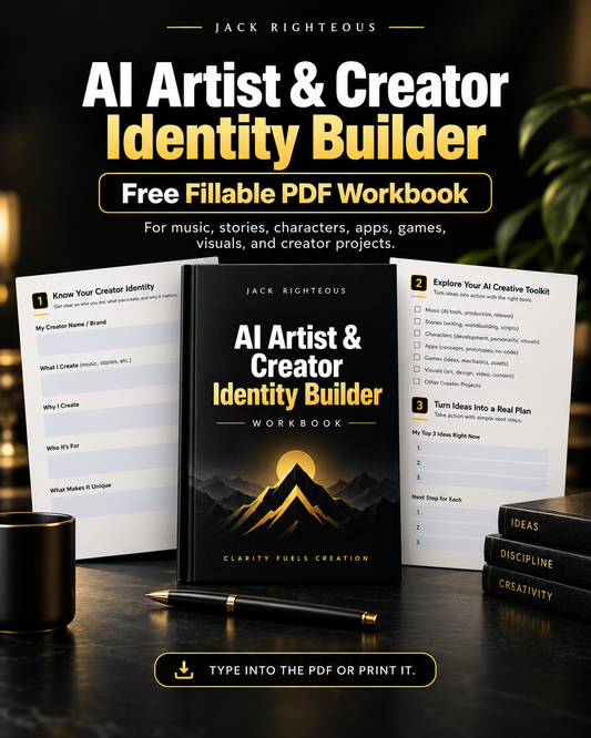 Promotional graphic for the 'AI Artist & Creator Identity Builder' PDF workbook by Jack Righteous. The image shows the black cover of the workbook in the center, flanked by two preview pages, a black pen, and stacked books on a dark desk with a coffee cup in the background.