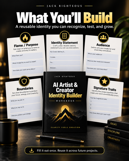 A workbook titled 'AI Artist & Creator Identity Builder' displayed on a dark tabletop with several printed cards around it. The scene includes a real environment with a cup, candle, and background decor, so this is Lifestyle rather than Product/Packaging.