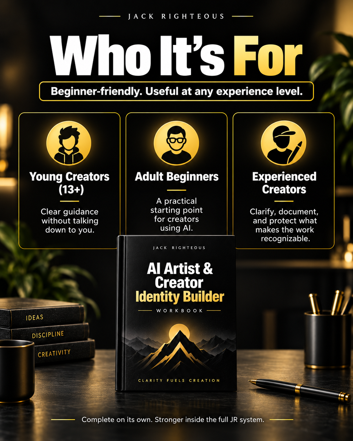 A promotional graphic for the book/workbook 'AI Artist & Creator Identity Builder' by Jack Righteous. The cover is shown standing on a dark desk with books and a pen in a styled interior setting.