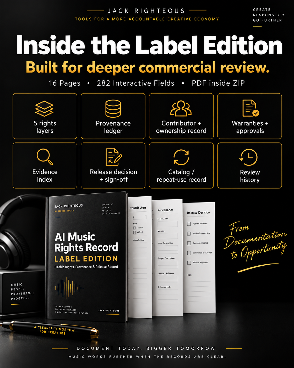 AI Music Rights Record Label Edition features including provenance, contributors and evidence
