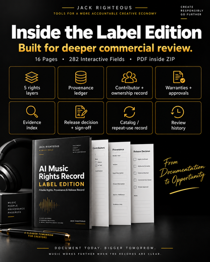 AI Music Rights Record Label Edition features including provenance, contributors and evidence