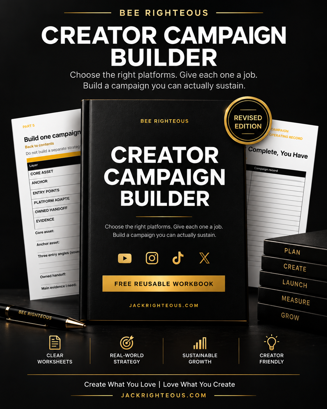 Creator Campaign Builder revised edition cover with black, white and gold Jack Righteous workbook design