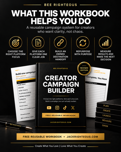 Creator Campaign Builder workbook benefits including platform focus, owned destination, purposeful repurposing and measurement