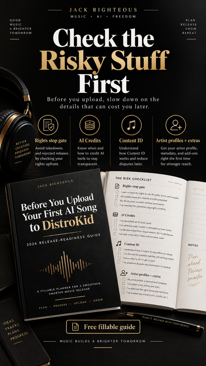 DistroKid AI music release-readiness guide highlighting rights, AI Credits, Content ID and artist profile checks
