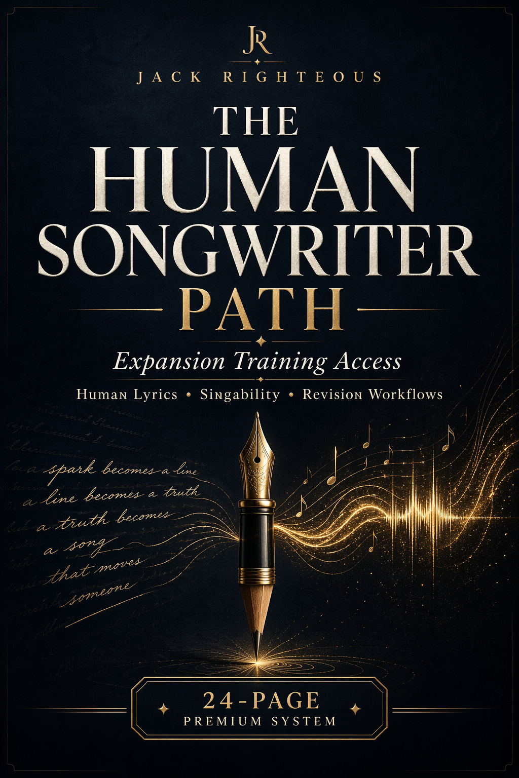 Book cover of 'The Human Songwriter Path' by Jack Righteous with a pen and music notes design.