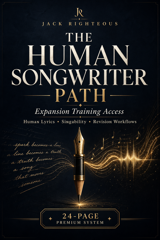 Book cover of 'The Human Songwriter Path' by Jack Righteous with a pen and music notes design.