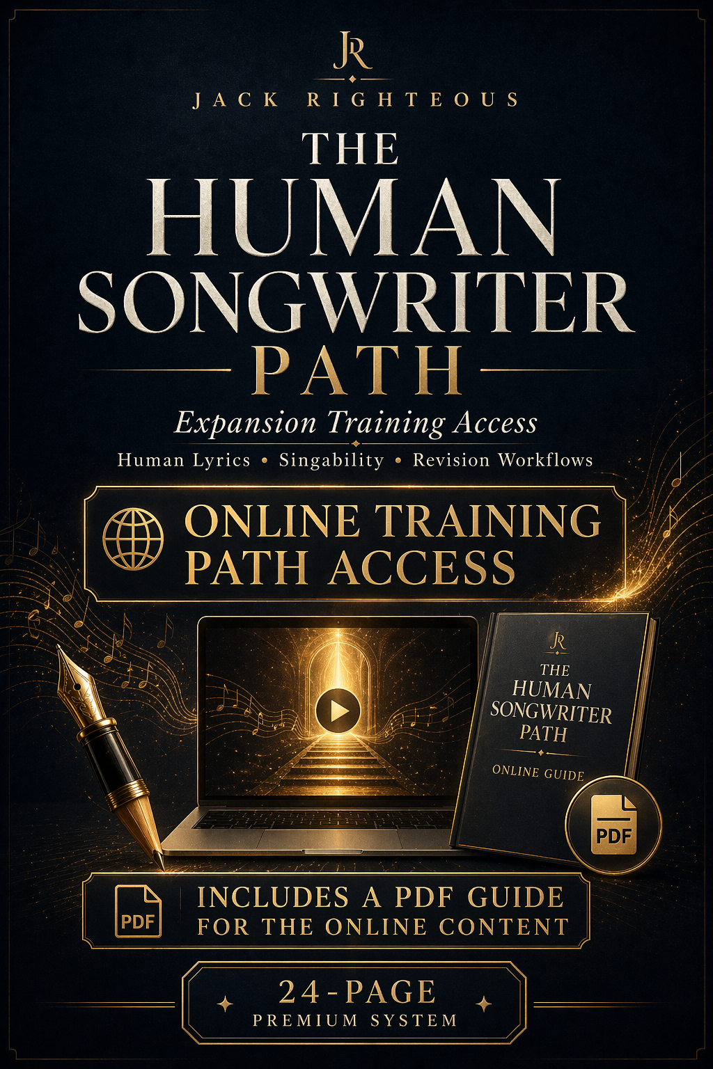 Promotional image for 'The Human Songwriter Path' online training program with laptop and pen graphic.