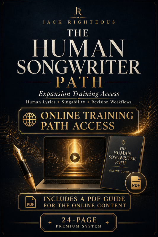 Promotional image for 'The Human Songwriter Path' online training program with laptop and pen graphic.