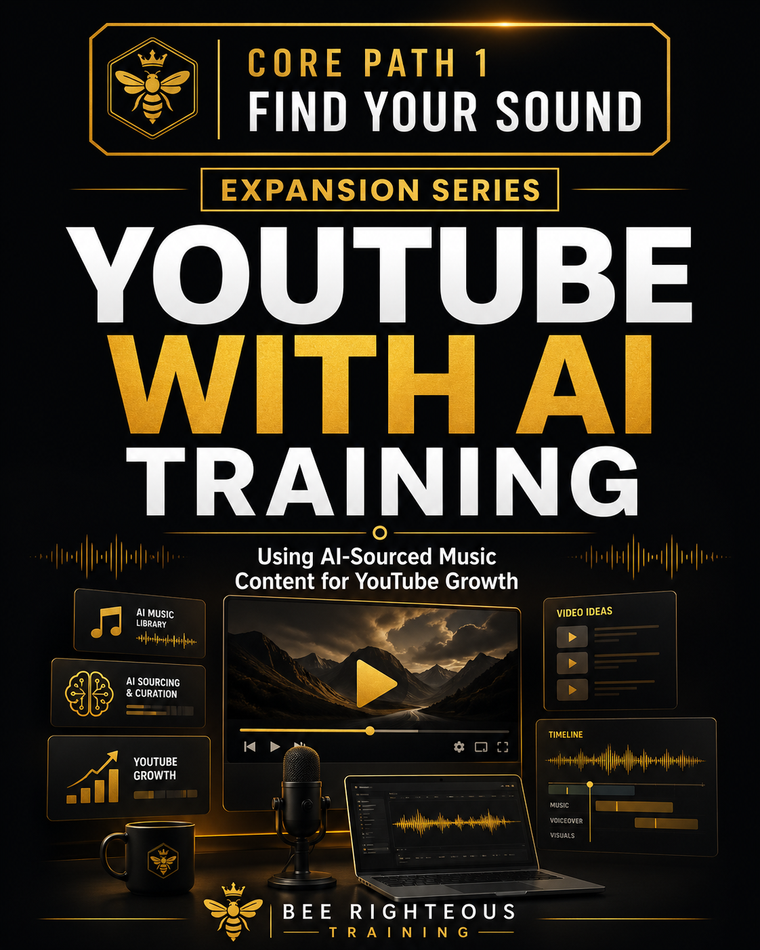 Promotional image for 'YouTube with AI Training' course by Bee Righteous Training, featuring text and graphics on a dark background.